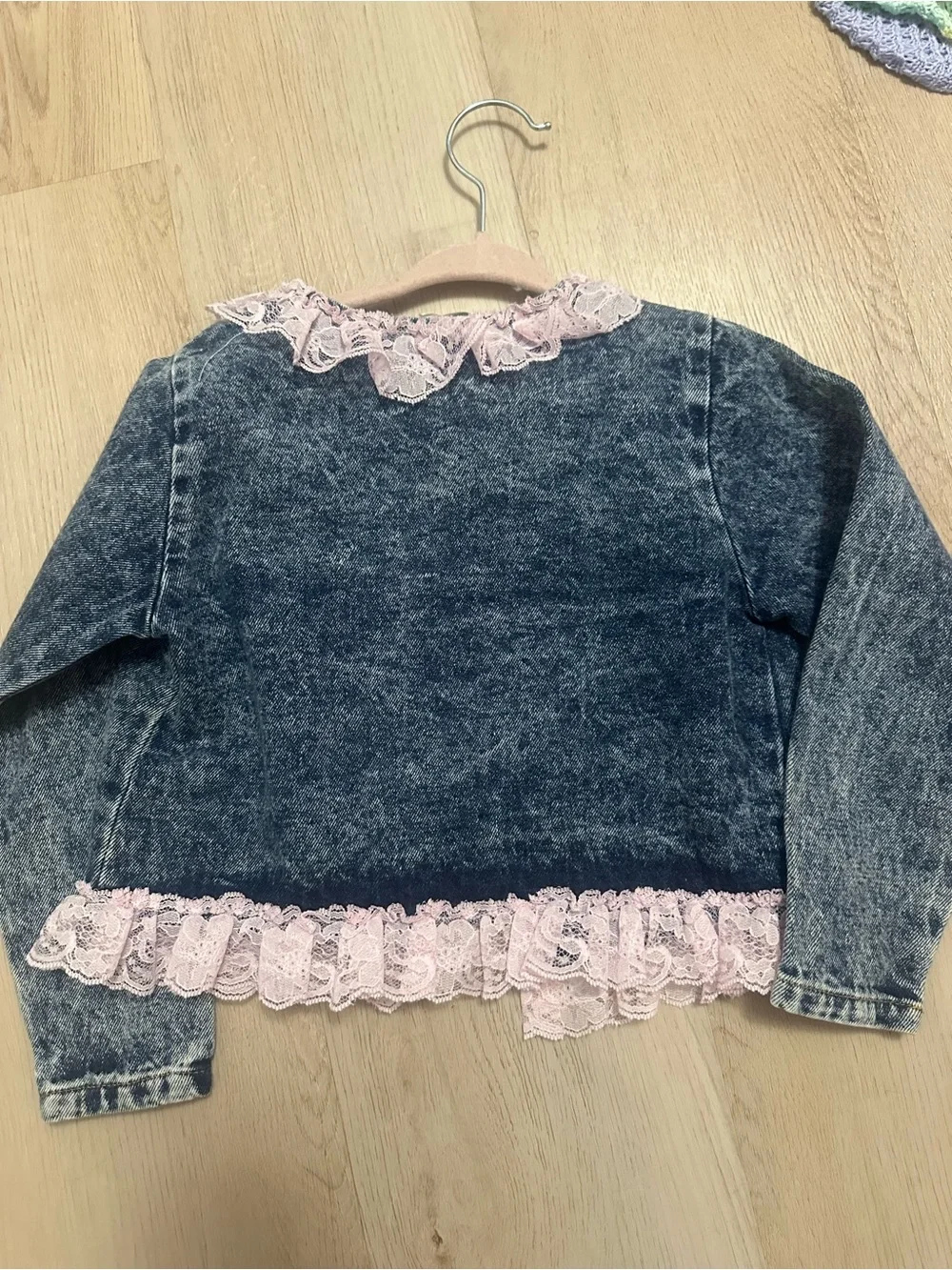 Authentic 90’s Girls Denim-Style Jacket with Pink Lace Trim and bows size 5